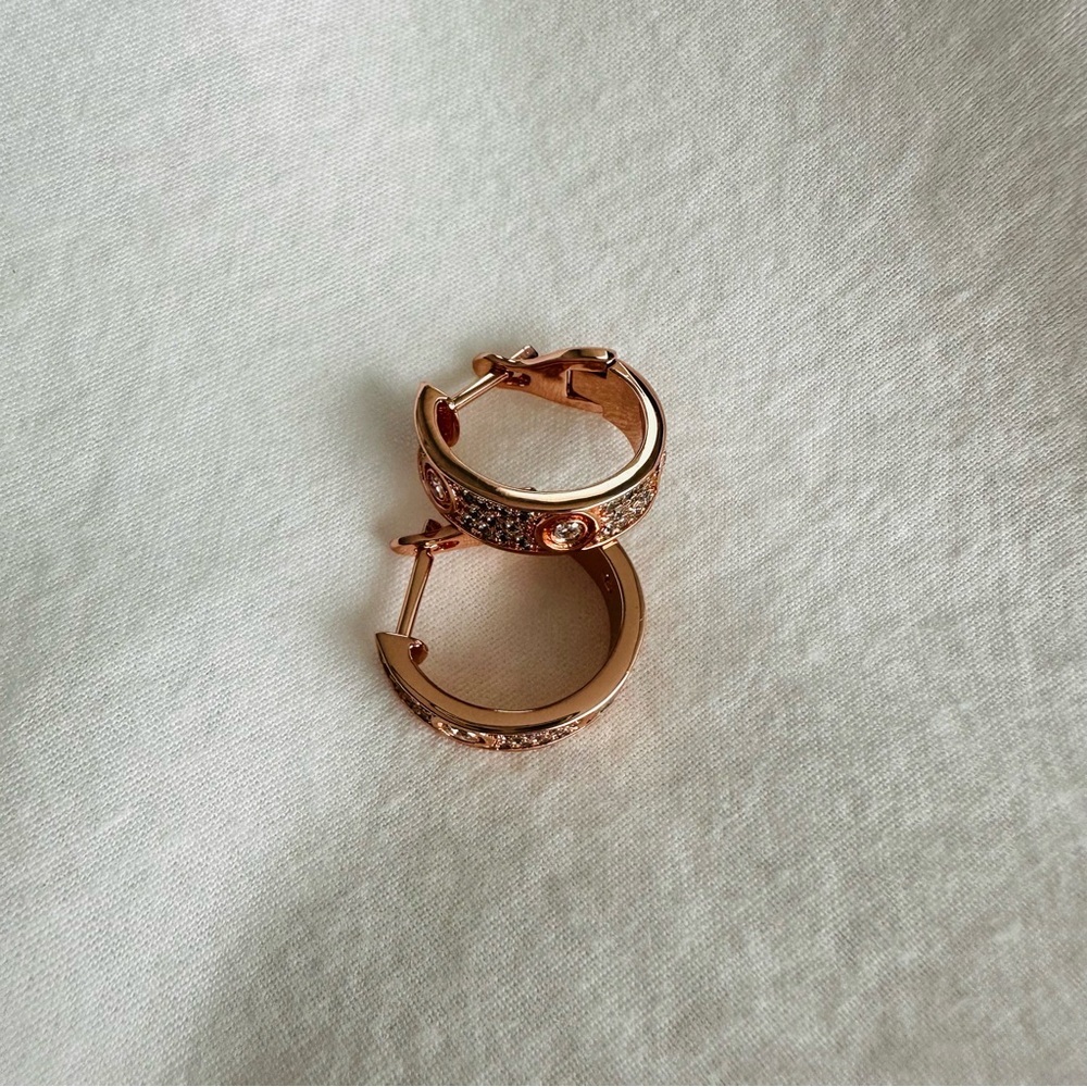 Love Earrings Sterling Silver 925 Simulated Diamond Pave 18k Rose Gold Overlay - Picture 8 of 11